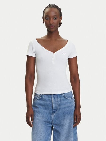 Tommy Jeans T-Shirt Henley DW0DW20902 Biały Slim Fit. Białe t-shirty Tommy Jeans, xs, bez wzorów, z jeansu, bez kołnierzyka, bez ramiączek. Za 119.99 zł.