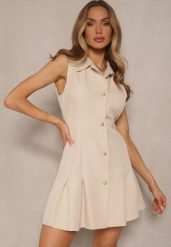 Beżowa Sukienka Koszulowa Ozdobiona Guzikami Rediure. Brązowe sukienki Renee, na spotkanie biznesowe, l, z aplikacjami, eleganckie, bez kołnierzyka, bez ramiączek, mini, koszulowe. W wyprzedaży za 83.99 zł.