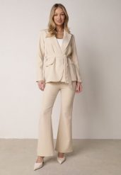 Beżowy Komplet Garniturowy Marynarka z Wiązanym Paskiem i Spodnie Falloria. Brązowe marynarki i żakiety Born2be, m, bez wzorów, bez ramiączek. Za 199.99 zł.