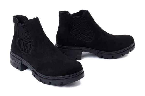 RIEKER 76884-00 black, botki damskie. Czarne botki Rieker, bez wzorów, bez obcasa, na obcasie, bez zapięcia. Za 230.93 zł.