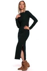 Prążkowana Maxi Sukienka z Rozcięciem - Zielona. Zielone sukienki MOE, l, bez wzorów, z dzianiny, bez kołnierzyka, bez ramiączek, maxi. Za 223.90 zł.