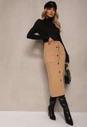 Beżowa Spódnica Ołówkowa z Kaszmirem High Waist z Ozdobnymi Guzikami i Kieszeniami Edithwen. Brązowe spódnice Renee, bez wzorów, z dzianiny, midi, ołówkowe. W wyprzedaży za 119.99 zł.