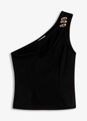 Top na jedno ramię z biżuteryjną ozdobą. Czerwone topy bonprix, z aplikacjami, eleganckie, bez kołnierzyka, bez ramiączek. Za 22.99 zł.
