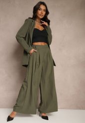 Ciemnozielone Eleganckie Spodnie Palazzo z Szerokimi Nogawkami Adivisa. Zielone jeansy Renee, bez wzorów, z jeansu, eleganckie, z podwyższonym stanem. Za 89.99 zł.