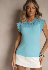 Niebieski Bawełniany Top z Koronkowymi Wstawkami Lirumina. Niebieskie topy Renee, m, bez wzorów, z bawełny, eleganckie, bez kołnierzyka, bez ramiączek. W wyprzedaży za 39.99 zł.