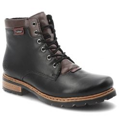 Trzewiki damskie Rieker o sznurowanym fasonie z kontrastowymi detalami i traperową podeszwą czarne, Z9340-00 Black. Czarne botki Rieker, bez wzorów, z jeansu, eleganckie, bez obcasa, bez zapięcia. Za 379.00 zł.