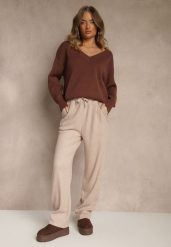Beżowe Spodnie High Waist z Gumką i Troczkami w Pasie Rallena. Brązowe jeansy Renee, bez wzorów, z jeansu, z podwyższonym stanem. Za 79.99 zł.