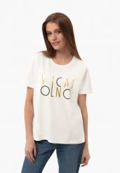 Kremowy t-shirt, Comfort Fit, T-MADAME. Białe t-shirty Volcano, m, bez wzorów, z bawełny, bez kołnierzyka, bez ramiączek. Za 59.99 zł.
