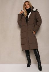 Brązowa Pikowana Kurtka o Długim Kroju z Odpinanym Kapturem i Kieszeniami Etanore. Brązowe kurtki Renee, l, bez wzorów, z jeansu, eleganckie. W wyprzedaży za 209.99 zł.