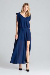 Granatowa Warstwowa Maxi Sukienka Wiązana na Ramionach. Czarne sukienki Figl, l, bez wzorów, z elastanu, wizytowe, bez kołnierzyka, bez ramiączek, maxi. Za 369.00 zł.