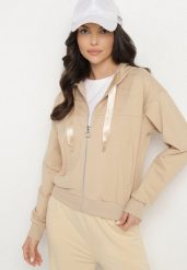 Beżowa Rozpinana Bluza z Kapturem Bawełną i Cyrkoniami Uliviela. Brązowe bluzy Born2be, m, bez wzorów, z bawełny, klasyczne, bez ramiączek, z kapturem. W wyprzedaży za 84.99 zł.