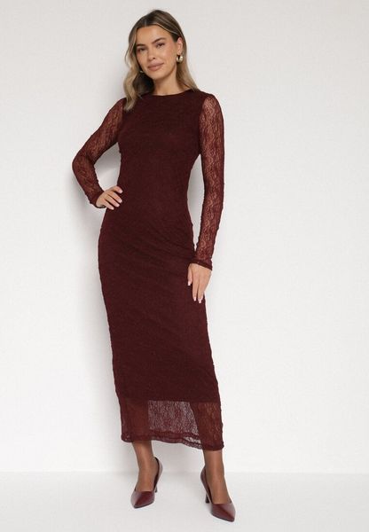 Bordowa Dopasowana Sukienka Koronkowa z Długim Rękawem Zenika. Czerwone sukienki Born2be, na imprezę, l, bez wzorów, z futra, eleganckie, bez kołnierzyka, bez ramiączek, dopasowane. Za 139.99 zł.