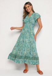 Zielona Rozkloszowana Kopertowa Sukienka z Bawełny o Wzorze Paisley z Gumką w Talii Zonne. Zielone sukienki Born2be, na co dzień, l, bez wzorów, z bawełny, eleganckie, bez kołnierzyka, bez ramiączek, mini, kopertowe. W wyprzedaży za 38.24 zł.
