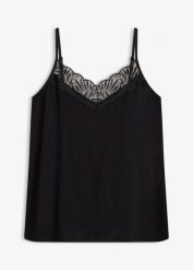 Top na cienkich ramiączkach. Czarne topy bonprix, bez wzorów, z koronki, eleganckie, bez kołnierzyka, bez ramiączek. Za 79.99 zł.