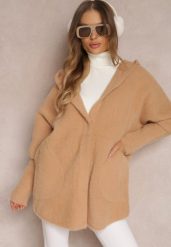 Beżowy Płaszcz Wełniany Zapinany z Kapturem Lanai. Brązowe płaszcze Renee, bez wzorów, z bawełny, eleganckie, z kapturem. W wyprzedaży za 153.99 zł.
