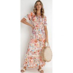Biało-Pomarańczowa Sukienka Goodrem. Brązowe sukienki Born2be, na imprezę, l, z aplikacjami, z tkaniny, boho, bez kołnierzyka, bez ramiączek, maxi. W wyprzedaży za 90.99 zł.