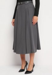 Szara Rozkloszowana Spódnica Ozdobiona Paskiem z Klamrą i Gumką w Pasie Eviriase. Szare spódnice Born2be, na co dzień, m, bez wzorów, eleganckie, midi, dopasowane. W wyprzedaży za 144.49 zł.