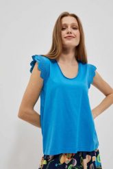 Bluzka z ozdobnym rękawem lazurowa. Niebieskie bluzki MOODO, m, bez wzorów, z bawełny, bez kołnierzyka, bez ramiączek. W wyprzedaży za 24.99 zł.