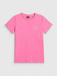 4F T-shirt regular z nadrukiem damski - różowy XL. Czerwone t-shirty 4f, xl, bez wzorów, z bawełny, klasyczne, bez kołnierzyka, bez ramiączek. Za 59.99 zł.