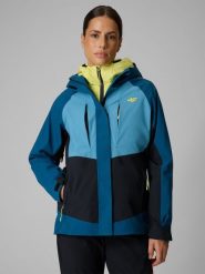 4F Kurtka trekkingowa membrana 10000 damska - turkusowa XL. Niebieskie kurtki 4f, na lato, l, bez wzorów, z materiału, wizytowe, bez kaptura. Za 399.99 zł.