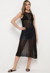 Czarna Ażurowa Tunika Boho bez Rękawów Kimalia. Czarne tuniki Born2be, m, z aplikacjami, boho, bez kołnierzyka, bez ramiączek. Za 109.99 zł.