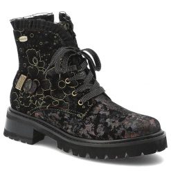 Botki damskie Laura Vita, skórzane zdobione za kostkę na płaskim obcasie na suwak, czarne, Kouleo-47. Czarne botki LAURA VITA, z aplikacjami, z koronki, eleganckie, za kostkę, bez obcasa, na płaskiej podeszwie, bez zapięcia. Za 369.00 zł.