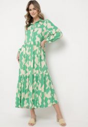 Zielono-Beżowa Rozkloszowana Sukienka Maxi Koszulowa z Geometrycznym Wzorem Pholimena. Zielone sukienki Born2be, na co dzień, l, bez wzorów, bez kołnierzyka, bez ramiączek, maxi, koszulowe. Za 119.99 zł.