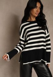 Czarno-Biały Sweter Oversize w Paski Kalitusa. Białe swetry Renee, bez wzorów, z jeansu, casualowe, bez ramiączek. Za 64.99 zł.