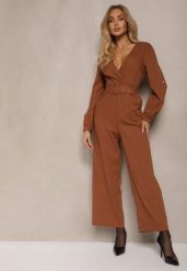 Brązowy Kopertowy Kombinezon z Bawełny z Dodatkowym Paskiem i Gumką w Talii Rinnarela. Brązowe kombinezony Renee, na co dzień, l, bez wzorów, z bawełny, eleganckie, bez kołnierzyka, bez ramiączek, kopertowe. W wyprzedaży za 111.99 zł.