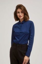 Dopasowana koszula z długimi rękawami granatowa. Koszule MOODO, m, bez wzorów, z bawełny, bez kołnierzyka, bez ramiączek. W wyprzedaży za 44.99 zł.