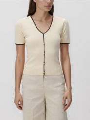 Sweter z kontrastową lamówką - kremowy. Białe swetry Reserved, l, bez wzorów, z bawełny, bez ramiączek. Za 99.99 zł.