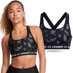 Stanik sportowy damski treningowy Under Armour biustonosz sportowy. Czarne biustonosze sportowe Under Armour, bez wzorów, do biegania. W wyprzedaży za 120.70 zł.