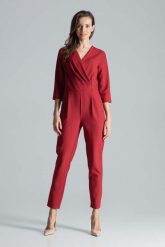 Kombinezon z Kopertowym Dekoltem - Bordowy. Czerwone kombinezony Figl, l, bez wzorów, z materiału, eleganckie, bez kołnierzyka, bez ramiączek. Za 309.00 zł.