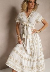 Biała Rozkloszowana Sukienka Boho z Bawełny z Chwostami Haftami i Metaliczną Nicią Divirna. Białe sukienki Renee, na imprezę, l, z aplikacjami, z bawełny, boho, bez kołnierzyka, bez ramiączek, maxi, rozkloszowane. W wyprzedaży za 167.99 zł.