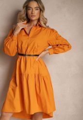 Pomarańczowa Rozkloszowana Sukienka Koszulowa z Bawełny Paniell. Brązowe sukienki Renee, na co dzień, l, bez wzorów, z bawełny, eleganckie, bez kołnierzyka, bez ramiączek, midi, kopertowe. W wyprzedaży za 99.99 zł.