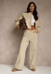 Beżowe Jeansy High Waist Wide Leg Meorise. Brązowe jeansy Renee, l, bez wzorów, z jeansu, eleganckie, z podwyższonym stanem, długie. Za 99.99 zł.