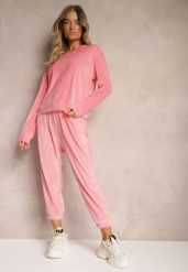 Jasnoróżowy Komplet Dresowy z Weluru Luźna Bluza z Dekoltem w V i Elastyczne Spodnie z Kieszeniami Esparkia. Czerwone bluzy Renee, l, bez wzorów, z dresówki, bez ramiączek, bez kaptura. W wyprzedaży za 83.99 zł.