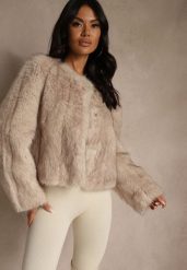 Beżowa Kurtka Futerko o Prostym Fasonie z Okrągłym Dekoltem Iddane. Brązowe kurtki Renee, l, bez wzorów, z futra, eleganckie, bez kaptura. Za 289.99 zł.