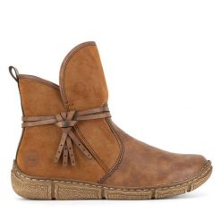 Botki Rieker. Brązowe botki Rieker, bez wzorów, bez obcasa, na płaskiej podeszwie, bez zapięcia. Za 287.00 zł.