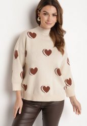 Jasnobeżowy Sweter z Modalem i Wiskozą w Serca Zeanita. Brązowe swetry Born2be, l, bez wzorów, z jeansu, eleganckie, bez ramiączek. W wyprzedaży za 101.99 zł.