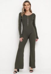 Ciemnozielony Wiskozowy Kombinezon Bodycon z Prążkowaniem i Suwakiem Alnorema. Zielone sukienki Born2be, bez wzorów, prążkowane, eleganckie, bez kołnierzyka, bez ramiączek, bodycon. W wyprzedaży za 118.99 zł.