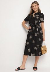 Czarna Koszulowa Sukienka z Wiskozy z Haftowanymi Kwiatami i Paskiem Diviera. Czarne sukienki Born2be, l, bez wzorów, z wiskozy, boho, bez kołnierzyka, bez ramiączek, koszulowe. Za 139.99 zł.