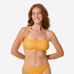 Góra kostiumu kąpielowego damska Decathlon Lori Keyshot. Brązowe bikini Decathlon, bez wzorów, z elastanu, sportowe. Za 39.99 zł.