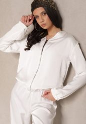 Biała Rozpinana Kurtka w Stylu Bomberki z Wiskozą z Satyny Ulainia. Białe kurtki Renee, l, bez wzorów, z jeansu, bez kaptura. Za 129.99 zł.