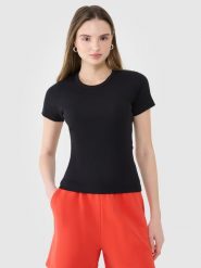 4F T-shirt slim z prążkowanej dzianiny damski - czarny XXL. Czarne t-shirty 4f, xs, bez wzorów, z bawełny, klasyczne, bez kołnierzyka, bez ramiączek. W wyprzedaży za 39.99 zł.