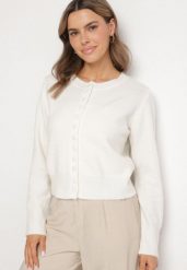 Biały Kardigan z Wełną na Guziki Cornelira. Białe swetry Born2be, bez wzorów, z bawełny, eleganckie, bez ramiączek. W wyprzedaży za 135.99 zł.