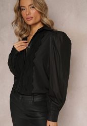 Czarna Koszula z Haftowanego Materiału z Kołnierzykiem i Guzikami Helminave. Czarne koszule Renee, m, bez wzorów, eleganckie, bez kołnierzyka, bez ramiączek. W wyprzedaży za 111.99 zł.