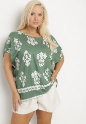 Zielona Bluzka z Wiskozy we Wzór w Stylu Boho Lunaseia. Zielone bluzki Born2be, s, bez wzorów, z jeansu, boho, bez kołnierzyka, bez ramiączek. W wyprzedaży za 38.24 zł.