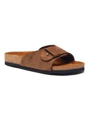 Comfortfusse Skórzane klapki w kolorze brązowym rozmiar: 35. Brązowe klapki Comfortfüße, bez wzorów, z nubiku, klasyczne, z otwartym noskiem, bez obcasa, bez zapięcia. Za 172.78 zł.
