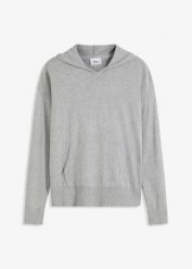 Bluza dzianinowa z kapturem i kieszonką kangurką, z materiału z domieszką wiskozy. Szare bluzy bonprix, bez wzorów, z dzianiny, bez ramiączek, z kapturem. Za 149.99 zł.